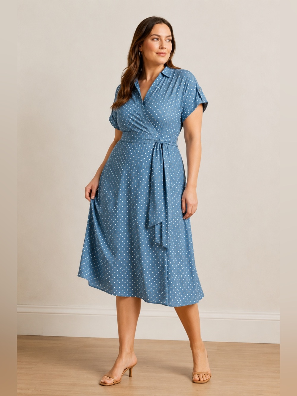 Lauren Ralph Lauren Dusty Blue Polka Dot Midi Wrap Dress